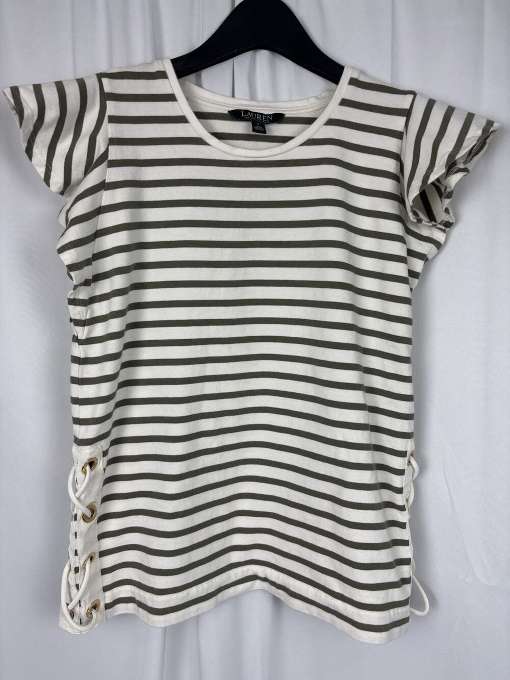 Lauren Ralph Womens S Ivory Olive Striped SS Top Ruffle Sleeves Lace Up Nautical